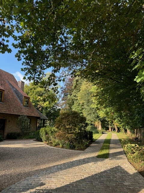 landelijke oprit in kasseien met grind en groene middenstrook professioneel aangelegd in oost-vlaanderen